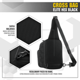 M-Tac Cross Bag Elite Hex, sort sling pack til én skulder, lavet af Cordura 500, perfekt til daglig brug og taktisk udstyr.