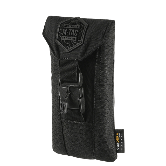 M-Tac Smartphone Lomme Elite Large Hex i sort lavet af slidstærkt CORDURA HEX materiale med WJ magnetisk spænde for sikkerhed.
