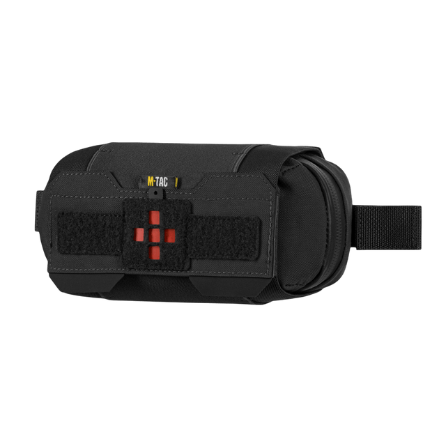 M‑Tac Horizontal Medical Pouch Elite i sort med organizer til IFAK og paracord-loop, fremstillet af holdbart Cordura 500D materiale.