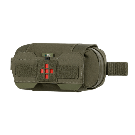 M‑Tac Horizontal Medical Pouch Elite i olivengrøn Cordura 500D materiale med YKK AquaGuard lynlås, set fra siden.