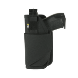 M-Tac Universal Taktisk Hylster Elite Venstre med Glock 17 monteret, fremstillet af Cordura 500D, justerbar rem og Velcro-lås.