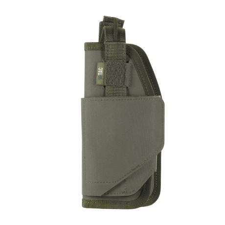 M-Tac Universal Taktisk Hylster Elite Venstre justerbart hylster i Cordura 500D med MOLLE-interface set fra siden, velegnet til forskellige pistoler.