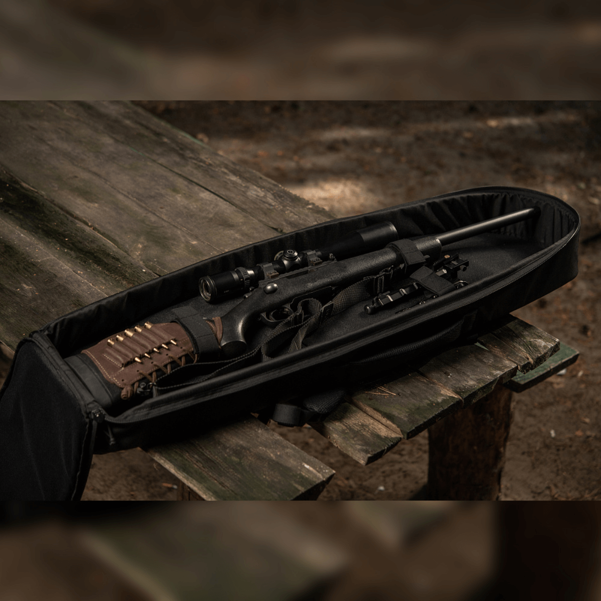 M-Tac Gun Backpack Case 105 cm Elite Hex med AR-15 demonteret på et bord i skoven, viser indvendig rumopdeling.