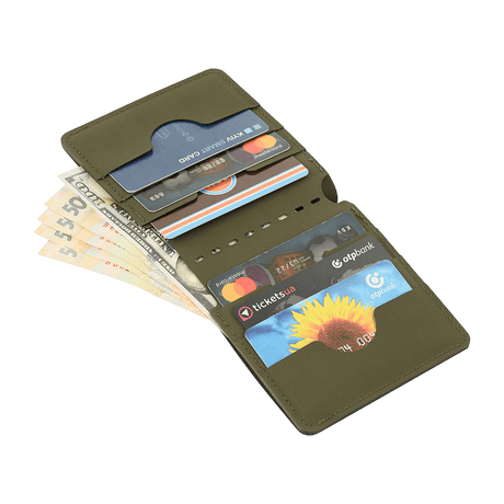 M‑Tac Pung Slim Elite med åbnet layout, viser slots til kreditkort og kontanter, kompakt design, stilfuld og holdbar pung.