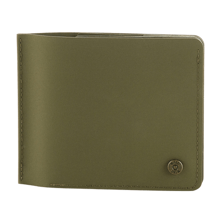 M-Tac Pung Slim Elite Gen. II i olivengrøn, kompakt design med messingnitte og møntlomme, lavet af slidstærk polymerkomposit.