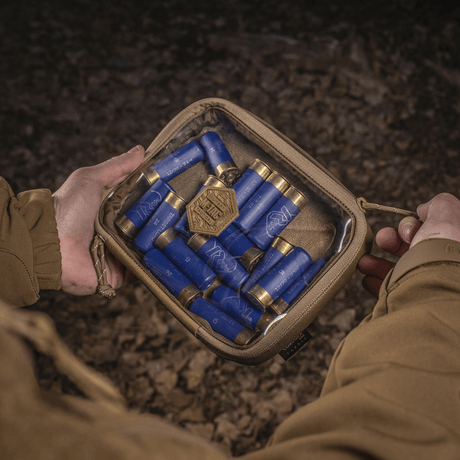 M-Tac Utility Organizer Slim Elite med transparent forvæg, der viser blåt tilbehør, ideel til EDC-kit og sikker opbevaring.