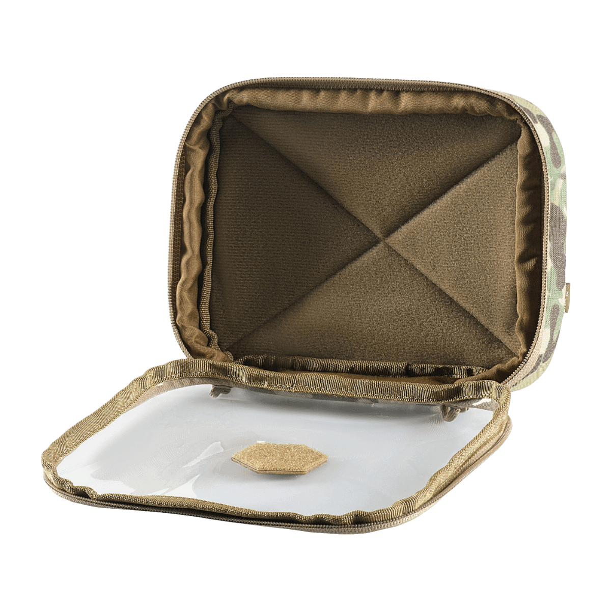 Åben M-Tac Utility Organizer Slim Elite med gennemsigtig PVC-forside, ideel til sikker opbevaring af EDC-kit og nødvendigheder, lavet af Cordura 500D.