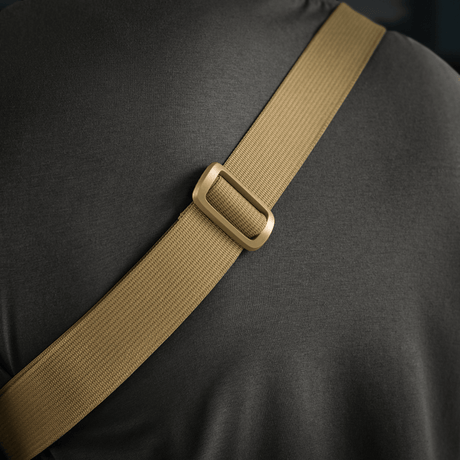 Nærbillede af beige bælterem på ryg i gråt tøj med en fastspændt spænde.