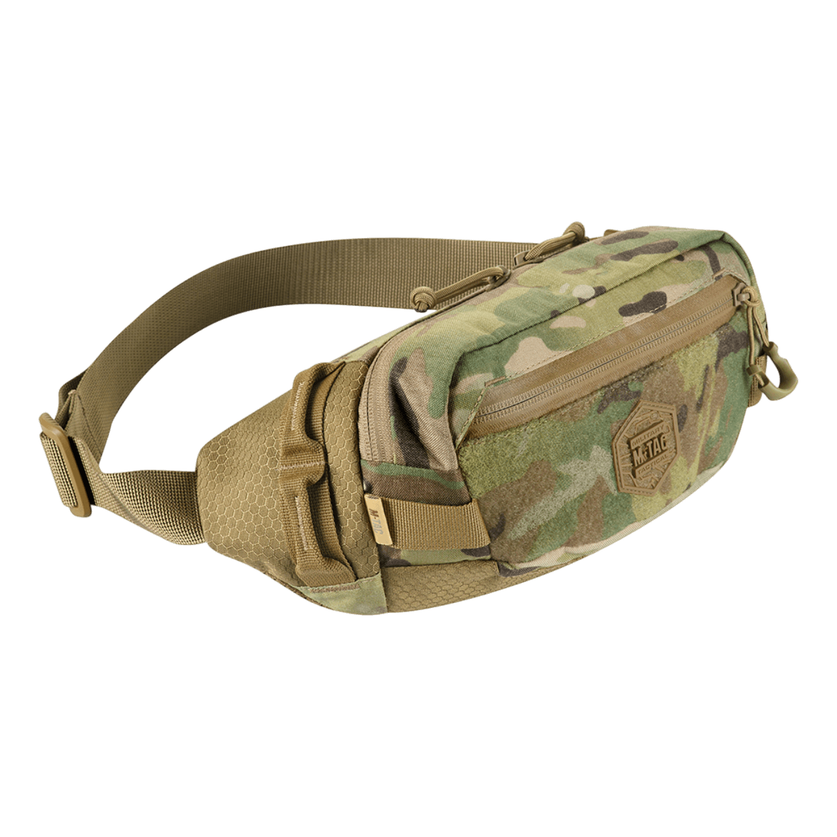 M-Tac Bæltetaske Elite Hex i camouflage med Cordura materiale, to rum og vandtæt lynlås. Ideel til daglig brug eller taktisk udstyr.