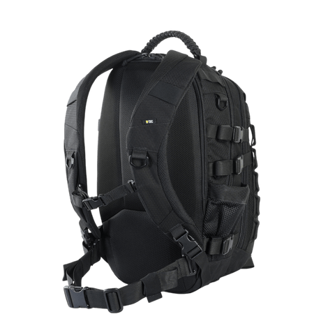 M-Tac Mission Rygsæk Elite Hex i sort med ergonomisk design og MOLLE LASER CUT-system, fremstillet af holdbare Cordura materialer.