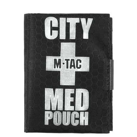 M-Tac City Med Pouch Hex i sort, kompakt førstehjælpskit med velcro lukning og medicinsk kors på forsiden.