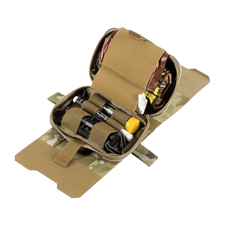 M-Tac Horisontal Medic Lomme Large Elite - stor feltkittaske til IFAK med slidstærk Cordura 500D, åben med indhold vist.