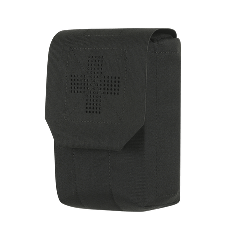 M‑Tac Medic Pouch Vertical Large Elite i sort Cordura med MOLLE-interface og elastiske indvendige vægge til sikker opbevaring af førstehjælpsudstyr.