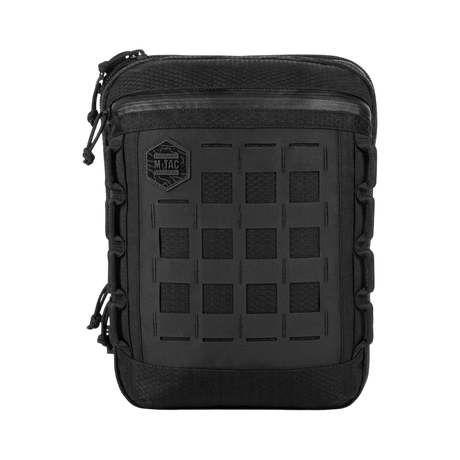 M-Tac Tablet Bag Laser Cut Hex i sort Cordura med Laser Cut MOLLE tilbehør, set forfra, ideel til EDC og tabletopbevaring.