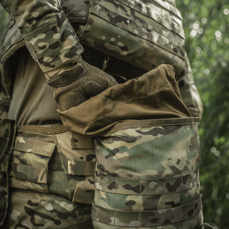 M-Tac Sukharka Gen.3 Pouch i camouflagemønster monteret på militært udstyr, viser opbevaringsevne og robust Cordura 500D materiale.