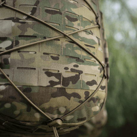 M-Tac STURM Elite Rygsæk med MOLLE Laser Cut design på rygsækken lavet af Cordura-materiale for taktisk og holdbart brug. Nærbillede.