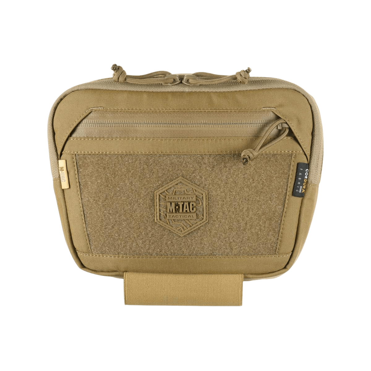 M-Tac Large Elite Gen.II Skuldertaske i brun Cordura 500D med YKK lynlåse og front Velcro-panel, ideel til taktisk brug og udstyrsopbevaring.