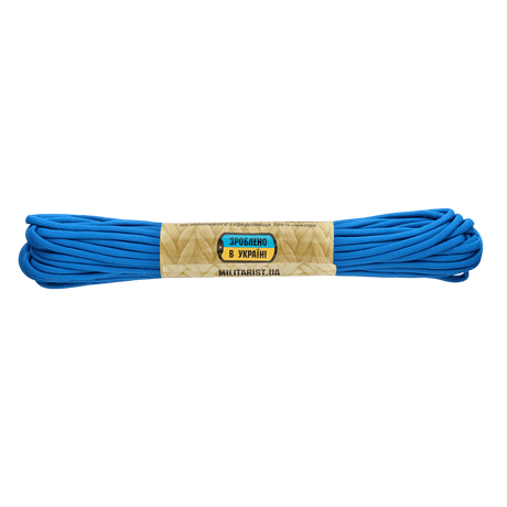 Blå M‑Tac Paracord 550 Type III 15 m nylonkordel, ideel til friluft og nødbrug, med 240 kg brudstyrke og 7 nylontråde kerne.