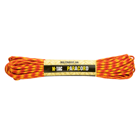 M‑Tac Paracord 550 Type III 15 m i orange og gul farve, stærk nylonkordel til udendørs og nødbrug. Længde 15 m, diameter 4 mm.