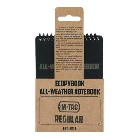 M-Tac Ecopybook Tactical – alt-vejr notesbog, vandtæt og holdbar, ideel til skriveopgaver i regn og sne, 14 ark med kvadreret linjering.