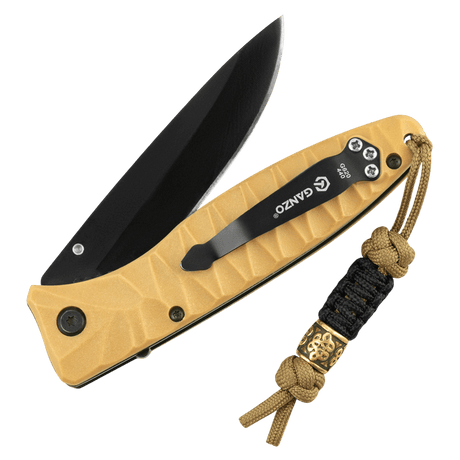 M-Tac Lanyard Scandinavian Small Chinese Knot vedhæftet til en foldekniv med dekorativ perle og snoet paracord.