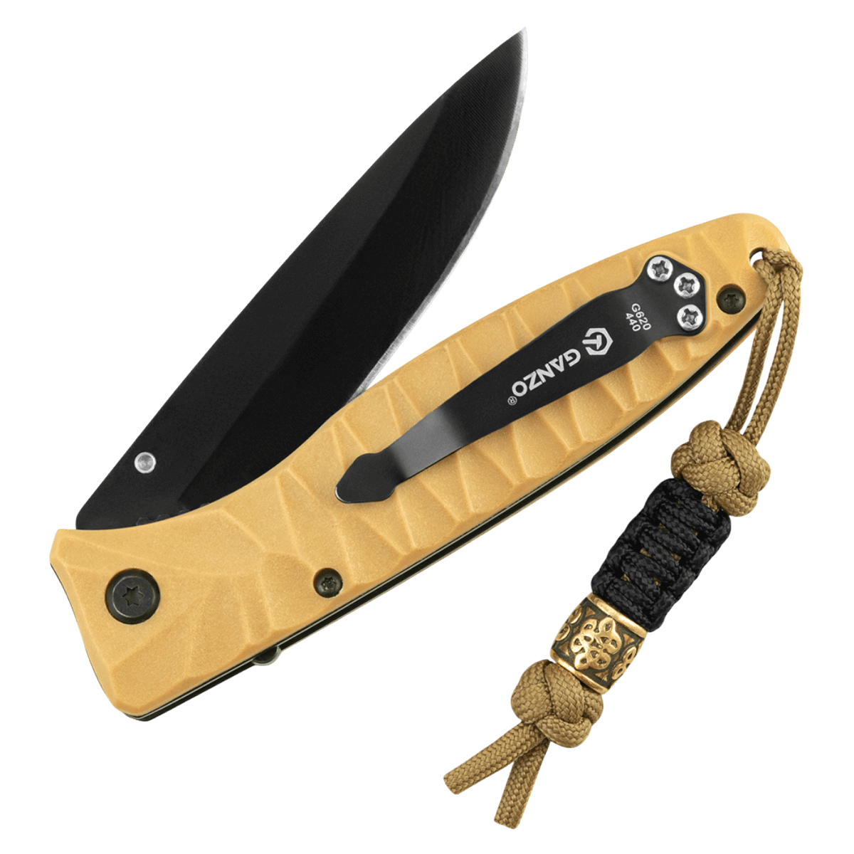 M-Tac Lanyard Scandinavian Small Chinese Knot med snoet paracord og dekorativ perle, fastgjort til en foldekniv.