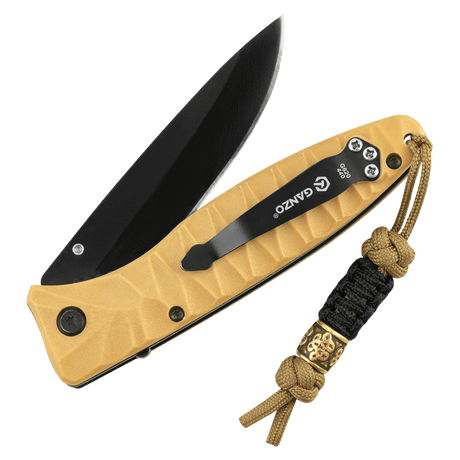 M-Tac Lanyard Scandinavian Small Chinese Knot med snoet paracord og dekorativ perle, fastgjort til en foldekniv.