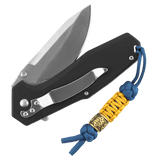 M-Tac Lanyard Scandinavian Small Chinese Knot med dekorativ perle på en foldbar kniv, paracord design i blå og gul.