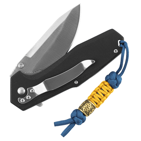 M-Tac Lanyard Scandinavian Small Chinese Knot med dekorativ perle på en foldbar kniv, paracord design i blå og gul.