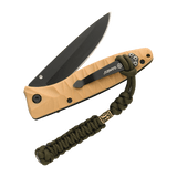 M-Tac Knife Lanyard Loopy Snake Scandinavian i flettet paracord design, vedhæftet til lommekniv med brunt håndtag og sort klinge.