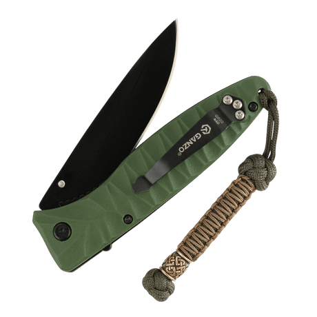 Grøn foldekniv med M-Tac Knife Lanyard Celtic i flettet paracord, stilfuldt tilbehør til lettere adgang og forbedret personlig stil.