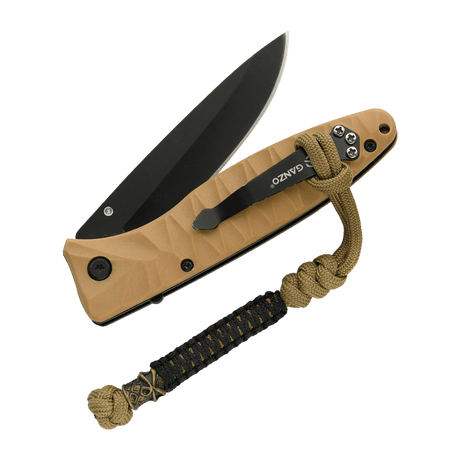 M-Tac Ninja Ver.2 Lanyard fastgjort til en kniv med flettet paracord-design og Ninja-motiv, ideel til knive og små værktøjer.