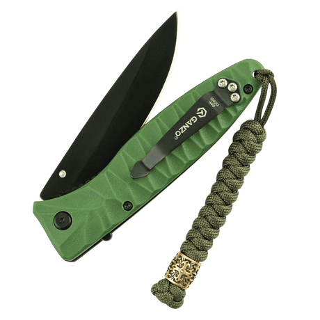 Grøn lommekniv med M-Tac Viper Lanyard Scandinavian i flettet paracord og Viper-perle i skandinavisk design, stilfuldt tilbehør.