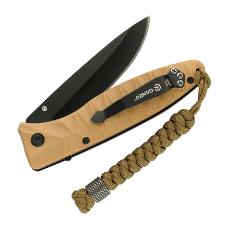 M-Tac Viper Lanyard Stainless Steel med flettet paracord og rustfrit stål perle, monteret på en kniv for hurtig adgang og stilfuldt look.