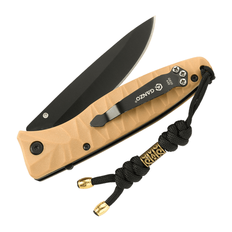 M-Tac Zeus Lanyard i flettet paracord med stilfuldt design fastgjort til en kniv for hurtig adgang og praktisk håndtering.