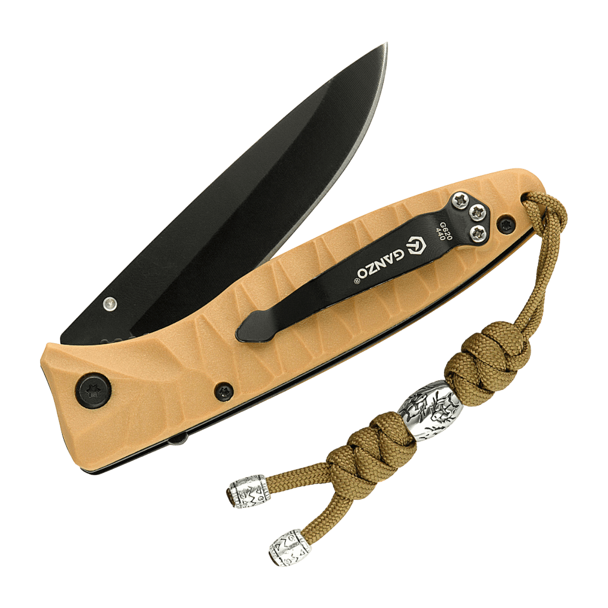 M-Tac Zeus Stainless Steel Lanyard på en kniv, flettet paracord med dekorativ stålperle, praktisk til hurtig adgang til udstyr.