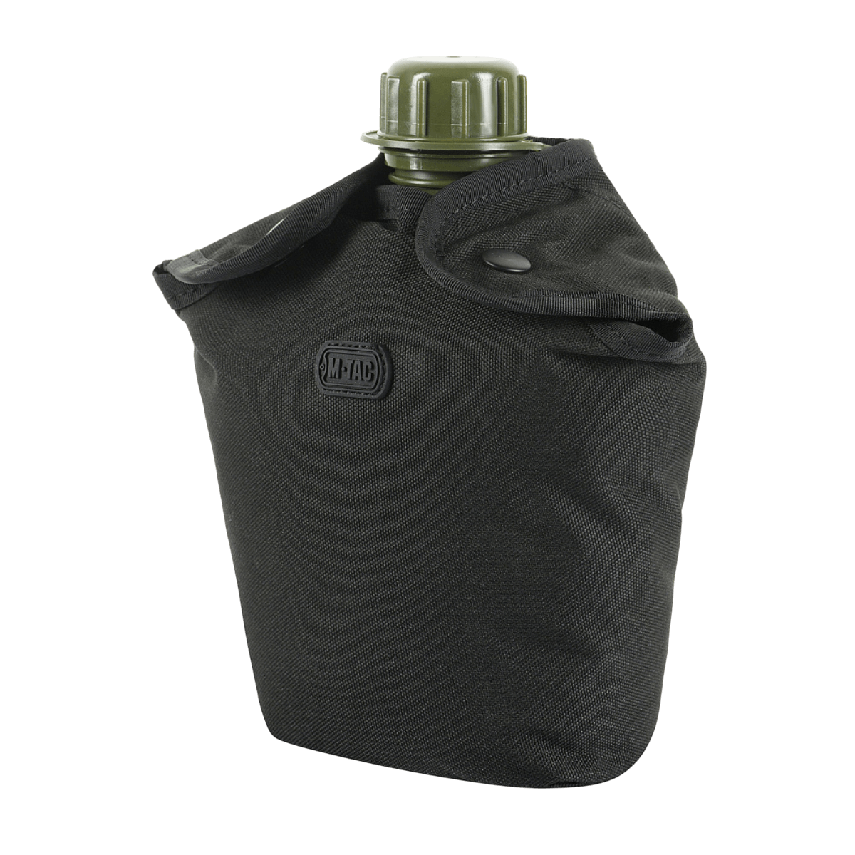 M-Tac Flaskeholder MOLLE i slidstærk polyester med PVC-belægning, drænhul og MOLLE-system til vandreture. Sort farve, med drikkeflaske.