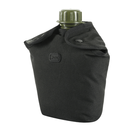 M-Tac Flaskeholder MOLLE i slidstærk polyester med PVC-belægning, drænhul og MOLLE-system til vandreture. Sort farve, med drikkeflaske.