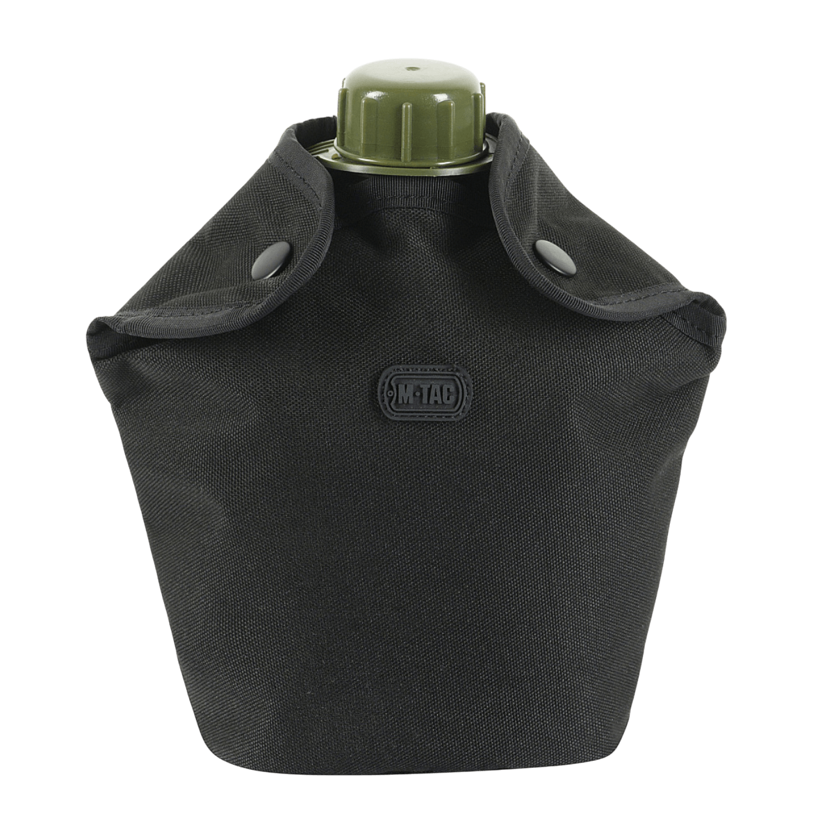 M-Tac Flaskeholder MOLLE i sort polyester med to knapper og drænhul. Perfekt til udendørs brug og let at fastgøre med MOLLE-systemet.