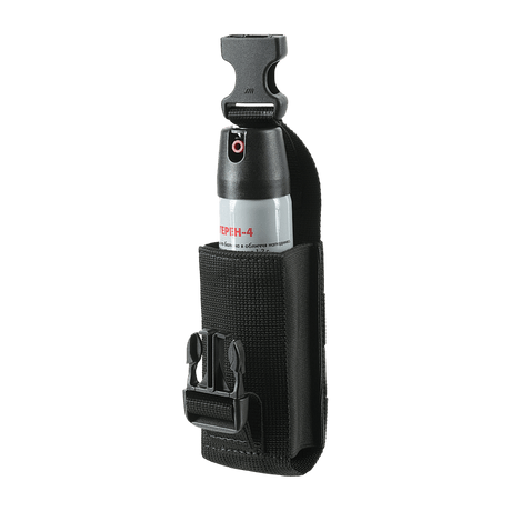 M-Tac Gasdåseholder Vertikal med MIL-SPEC strop og Woojin-lås, billedet viser gasdåseholder monteret og klar til brug.