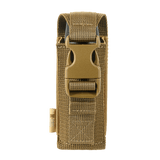 M-Tac Gasdåseholder Vertikal i tan med Woojin-lås og MOLLE-system, lavet af holdbar MIL-SPEC strop for sikker og nem håndtering af gasdåse.