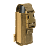 M-Tac Gasdåseholder Vertikal i brun farve med Woojin-lås til sikker montering, lavet af MIL-SPEC strop og gummibånd, set fra siden.