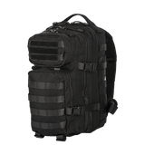 Sort M-Tac Assault Pack med MOLLE-system, to store hovedlommer, frontlommer og justerbare skulderstropper.