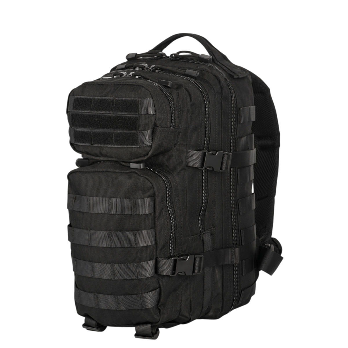Sort M-Tac Assault Pack med MOLLE-system, to store hovedlommer, frontlommer og justerbare skulderstropper.