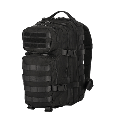 Sort M-Tac Assault Pack med MOLLE-system, to store hovedlommer, frontlommer og justerbare skulderstropper.