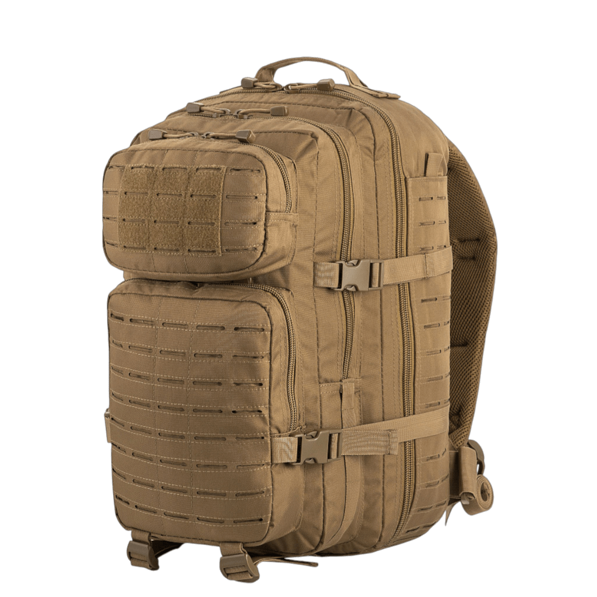 M-Tac Large Assault Pack Rygsæk Laser Cut med MOLLE-system, polstrede skulderremme, ventilerende membran, og lynlåslommer.