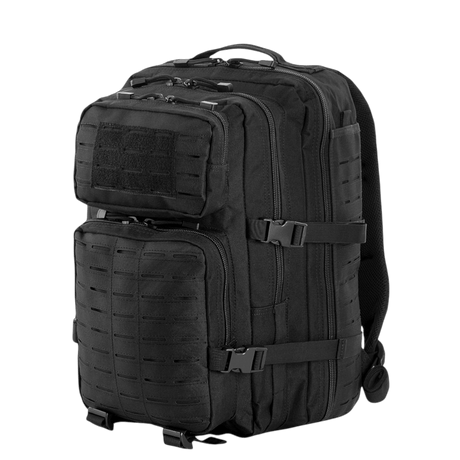 M-Tac Large Assault Pack Rygsæk Laser Cut med MOLLE-system og ventilationslomme, sort design.