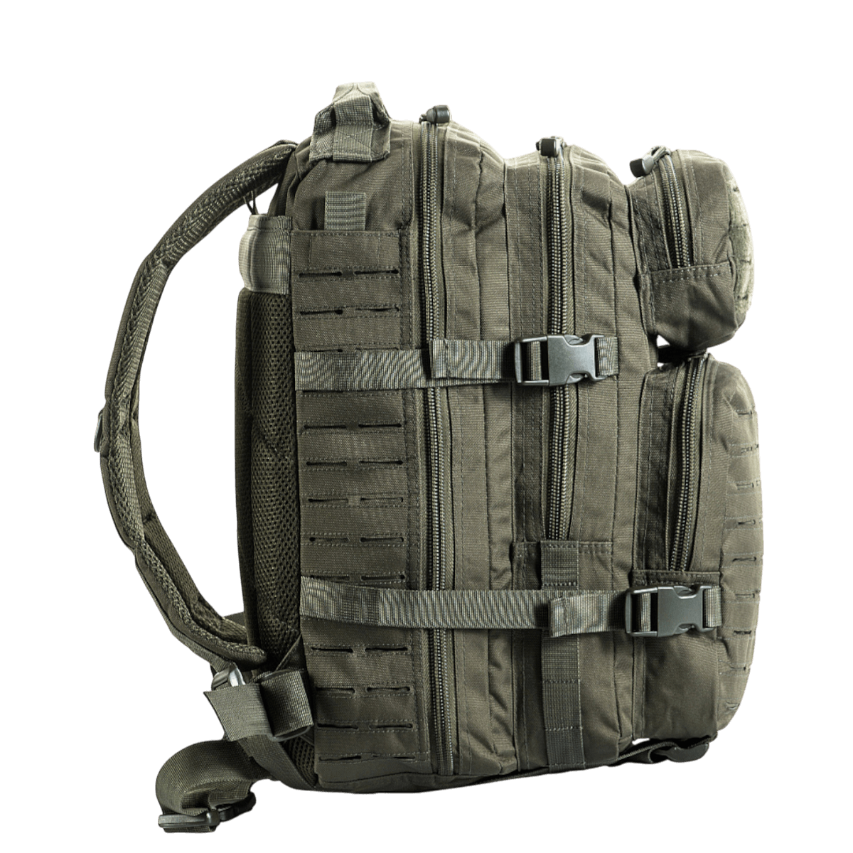 M-Tac Large Assault Pack Rygsæk Laser Cut med MOLLE fastgørelsessystem og polstrede skulderremme for komfortabel bæring.