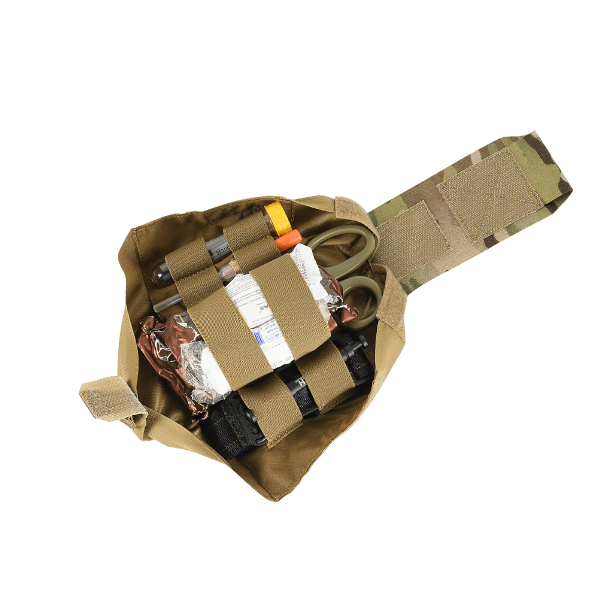 M-Tac Mediclomme Small Vertical Elite åben med førstehjælpsudstyr i brun Cordura 500D materiale