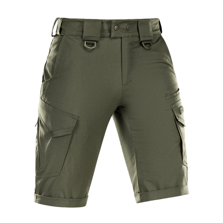 M-Tac Shorts Aggressor Gen.II Flex i olivengrøn, alsidige taktiske shorts med rip-stop materiale og Teflon-belægning, ideelle til aktivt brug. Materialer: 64% bomuld, 32% polyester, 4% elastan.